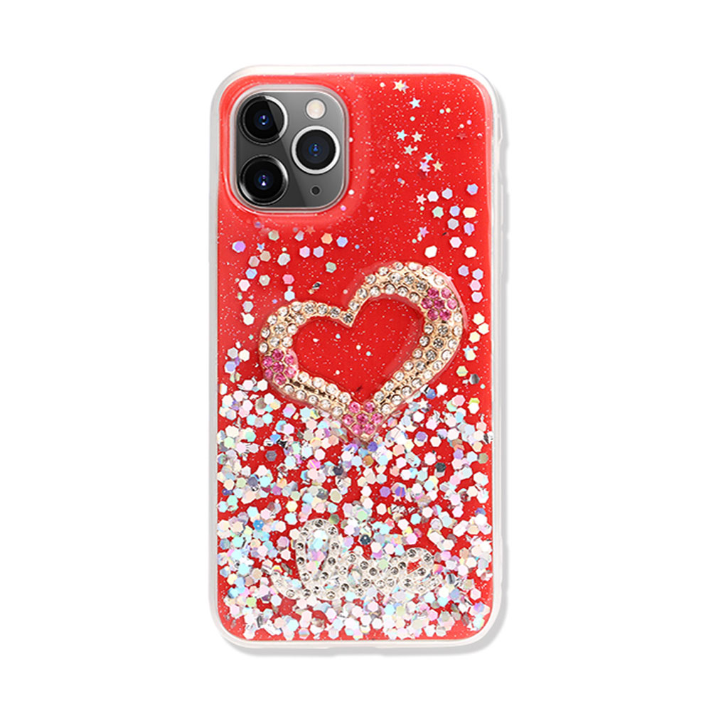 Love Heart Crystal Shiny Glitter Sparkling Jewel Case Cover for iPHONE 11 Pro Max 6.5 (Red)